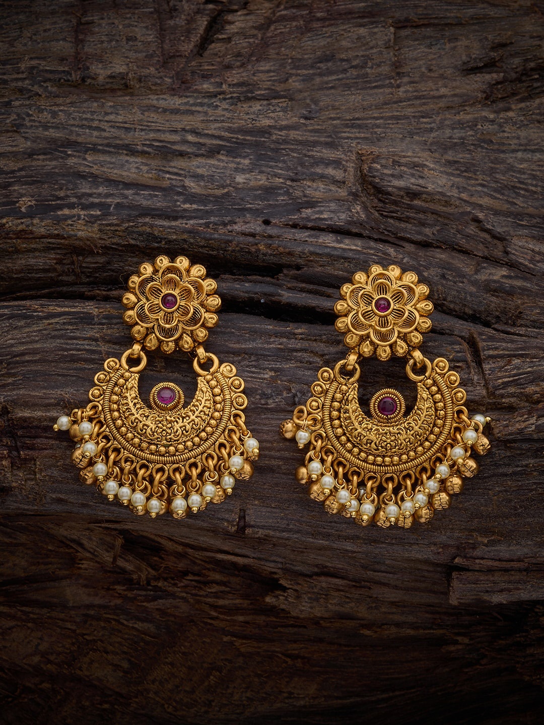 

Kushal's Fashion Jewellery Gold-Plated Beaded Circular Antique Chandbalis, Red