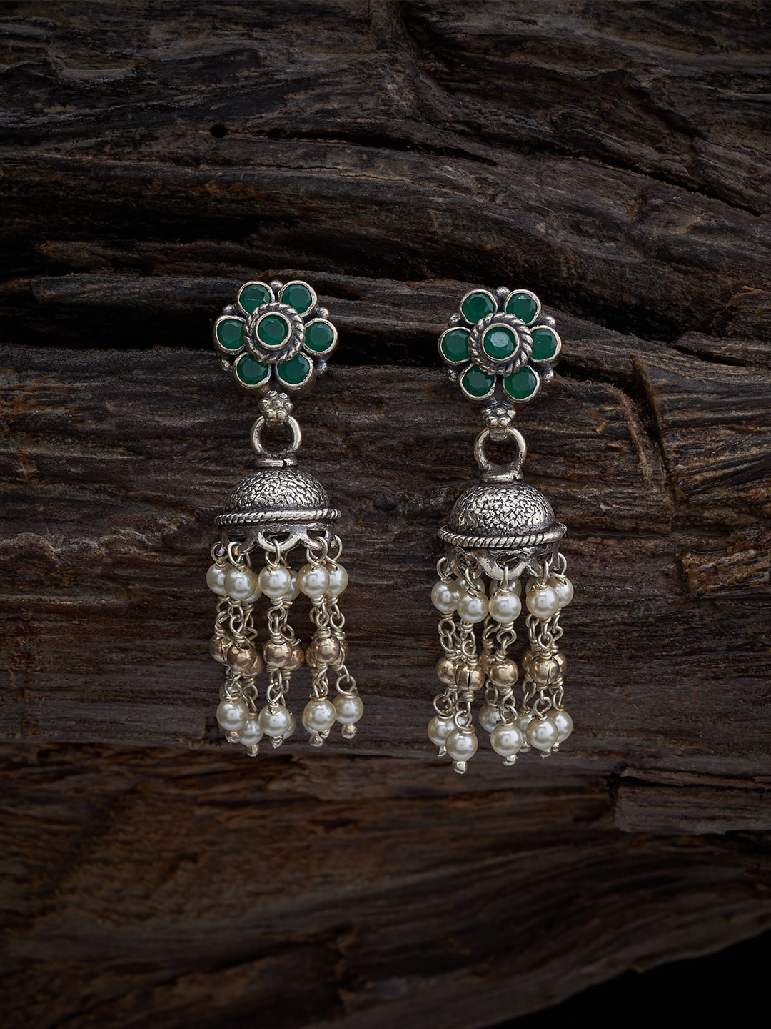 

Kushal's Fashion Jewellery Silver Rhodium-Plated Dome Shaped Jhumkas, Green