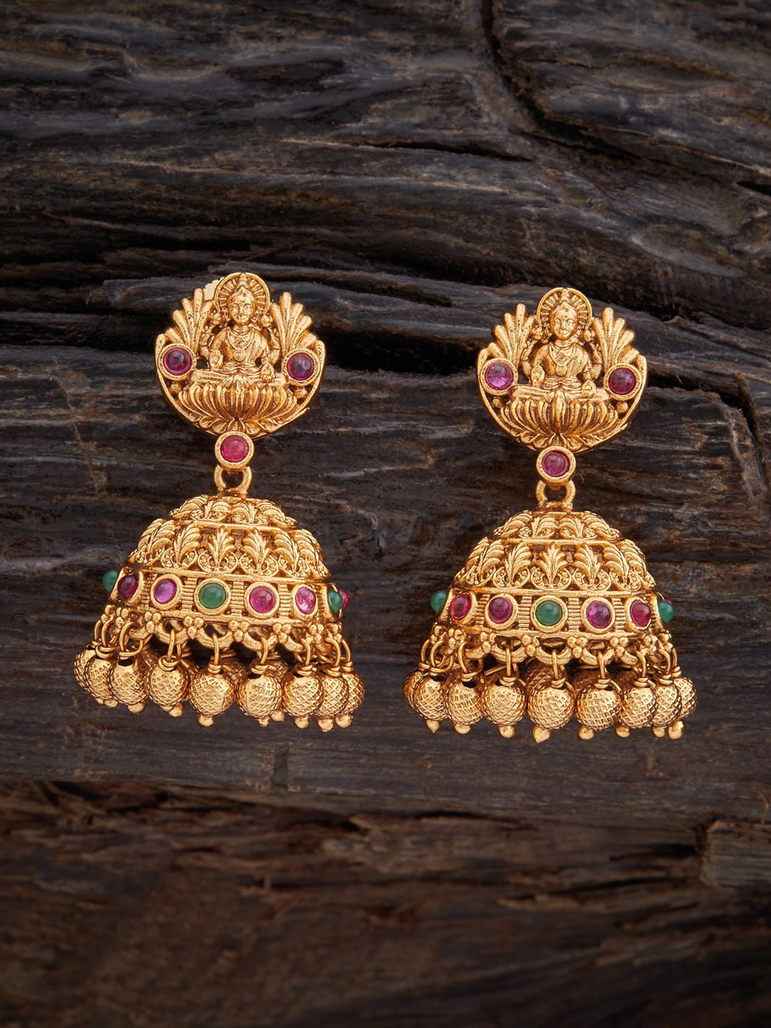 

Kushal's Fashion Jewellery Gold-Plated Artificial Stones Studded Jhumkas Earrings, Red