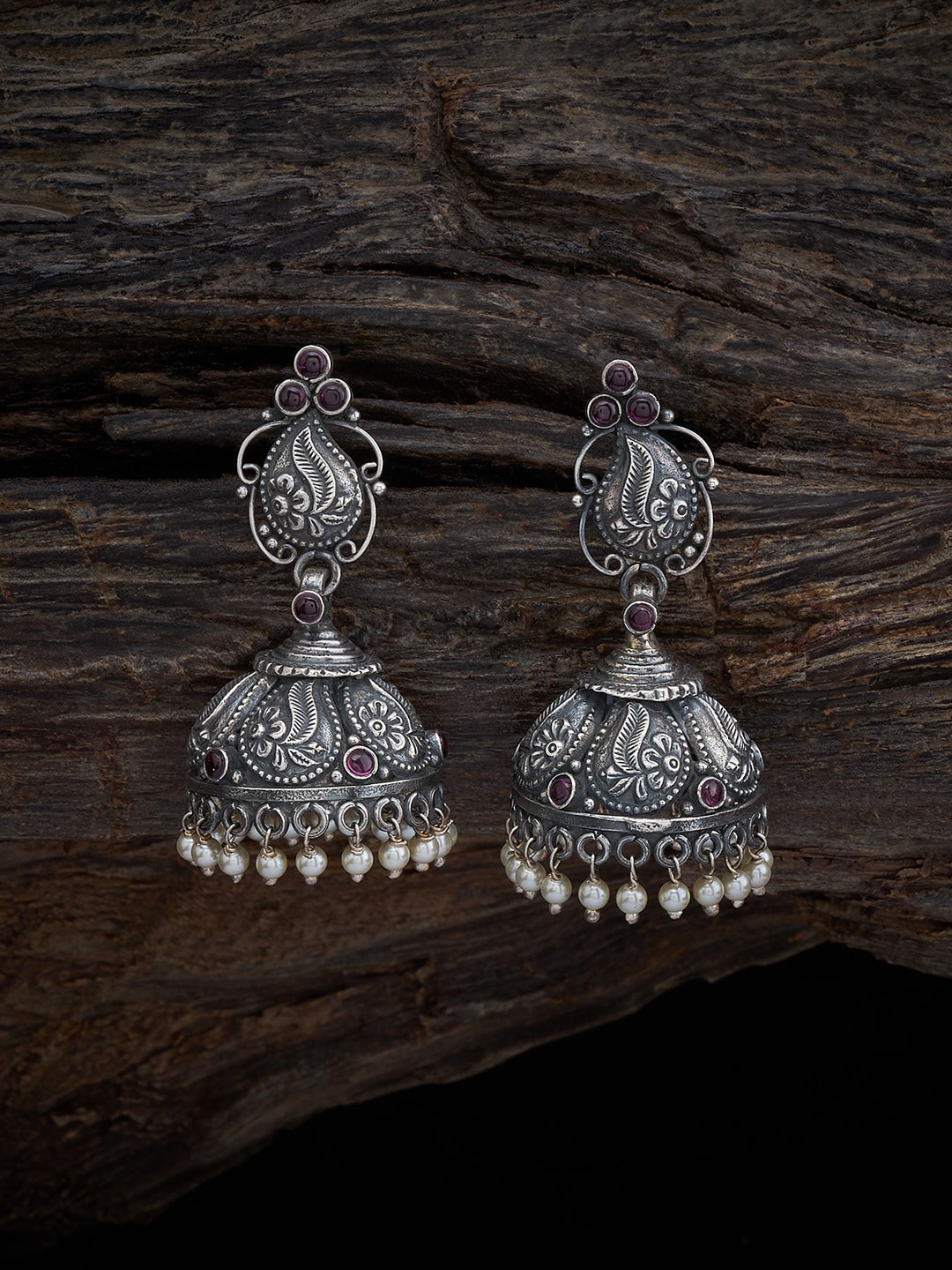 

Kushal's Fashion Jewellery 92.5 Pure Silver Rhodium-Plated Oxidised Dome Shaped Jhumkas