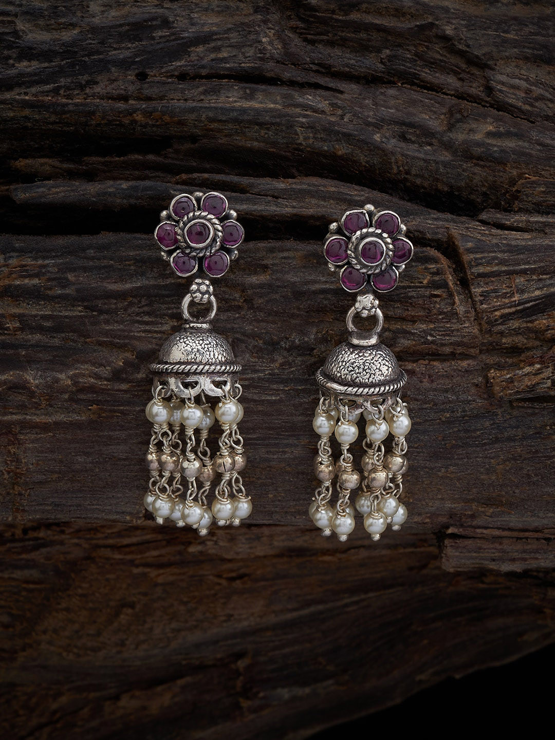 

Kushal's Fashion Jewellery Silver Rhodium-Plated Dome Shaped Jhumkas, Red