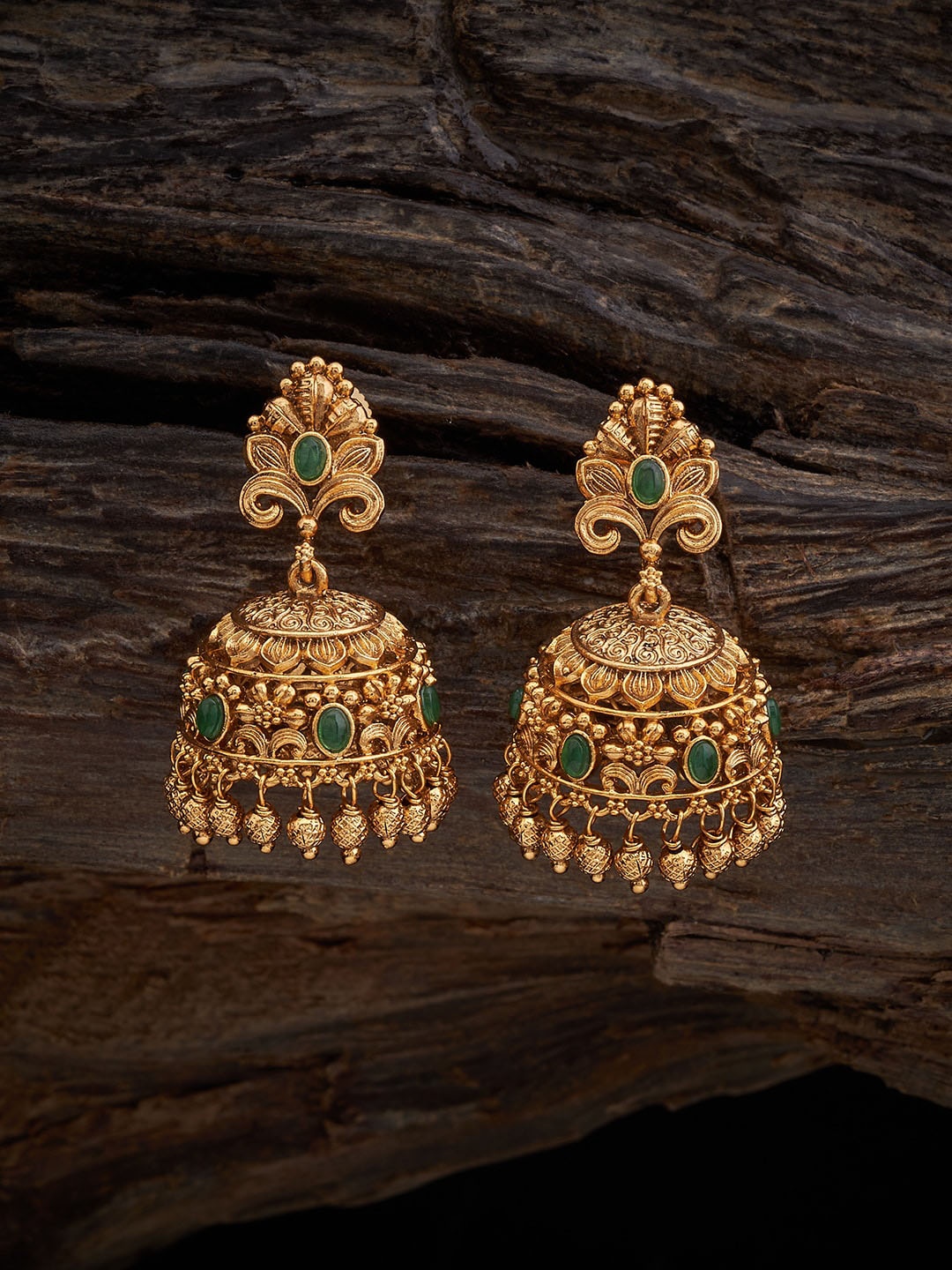 

Kushal's Fashion Jewellery Stone Studded Dome Shaped Antique Jhumkas, Green