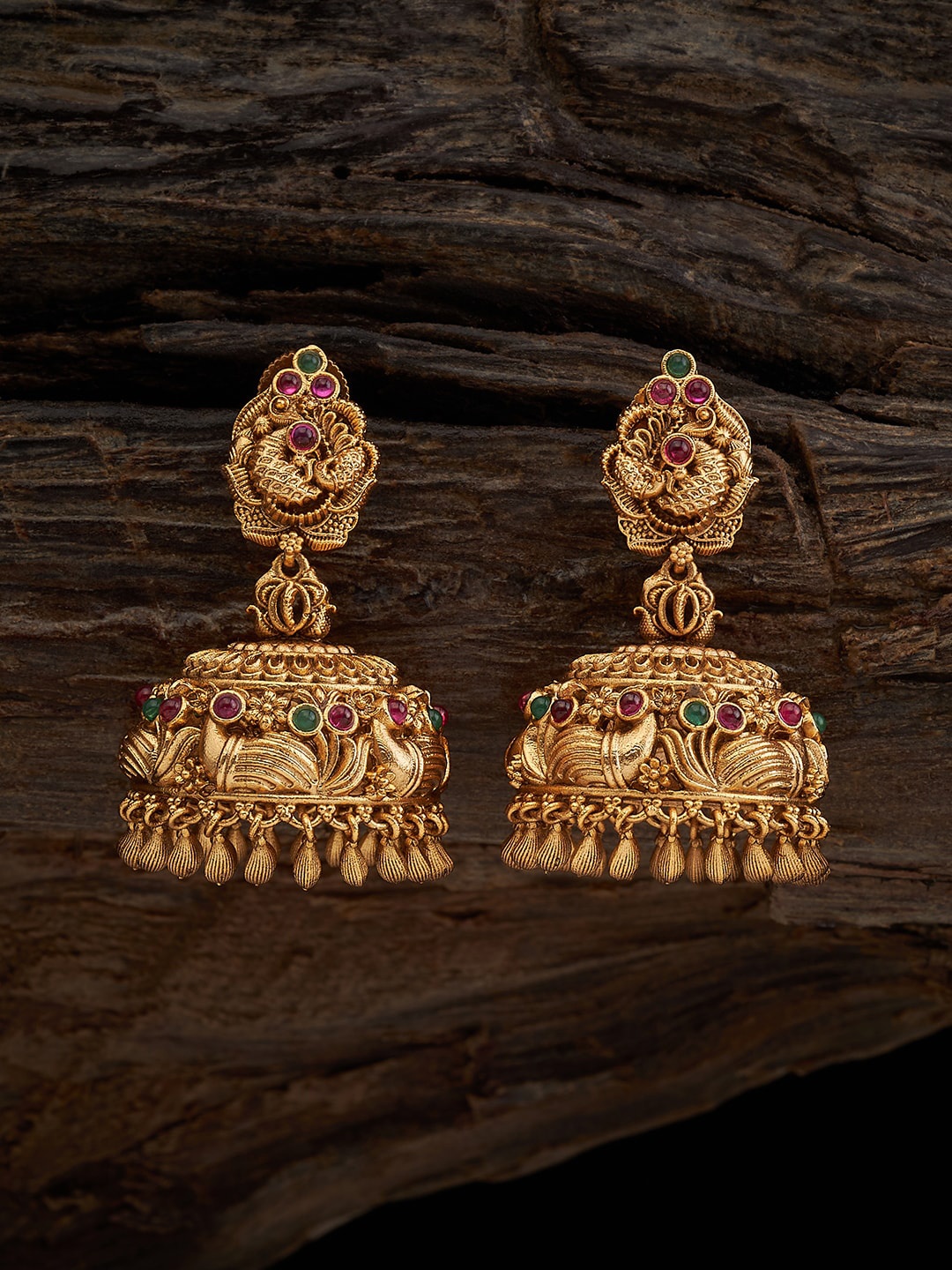 

Kushal's Fashion Jewellery Gold-Plated Dome Shaped Jhumkas, Red