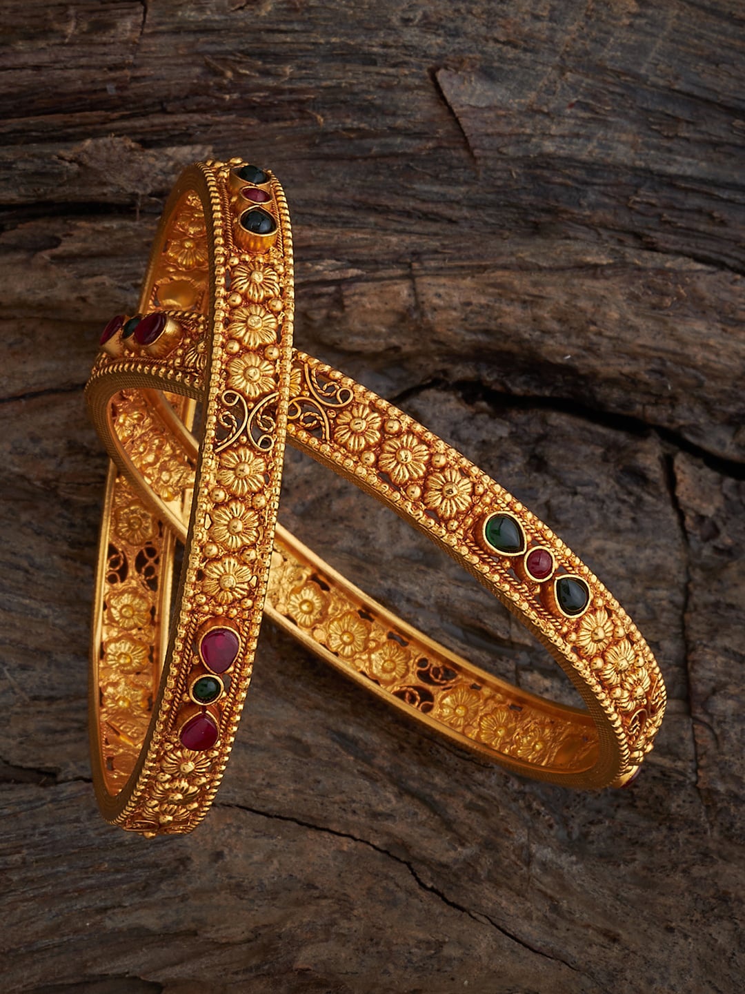 

Kushal's Fashion Jewellery 92.5 Pure Silver Set Of 2 Stones Studded Ethnic Bangles, Gold