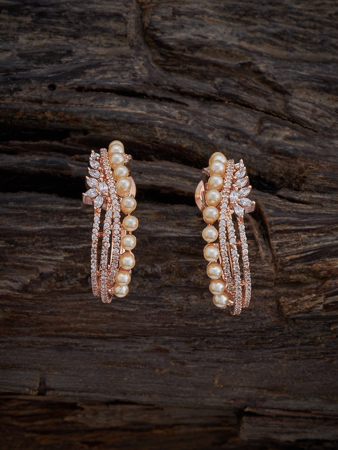 

Kushal's Fashion Jewellery Rose Gold-Plated Cubic Zirconia Studded Half Hoop Earrings, White