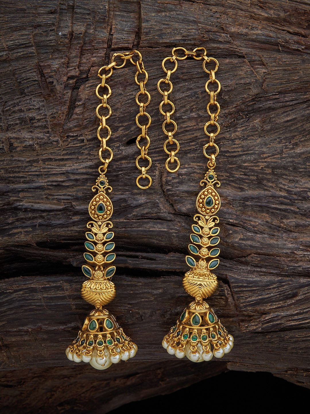 

Kushal's Fashion Jewellery Gold-Plated Beaded Dome Shaped Antique Half Hoop Earrings, Green