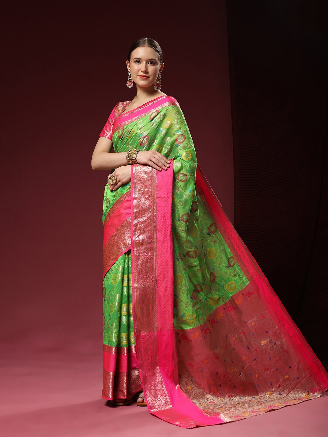

MARGI DESIGNERS Woven Design Zari Banarasi Saree, Fluorescent green