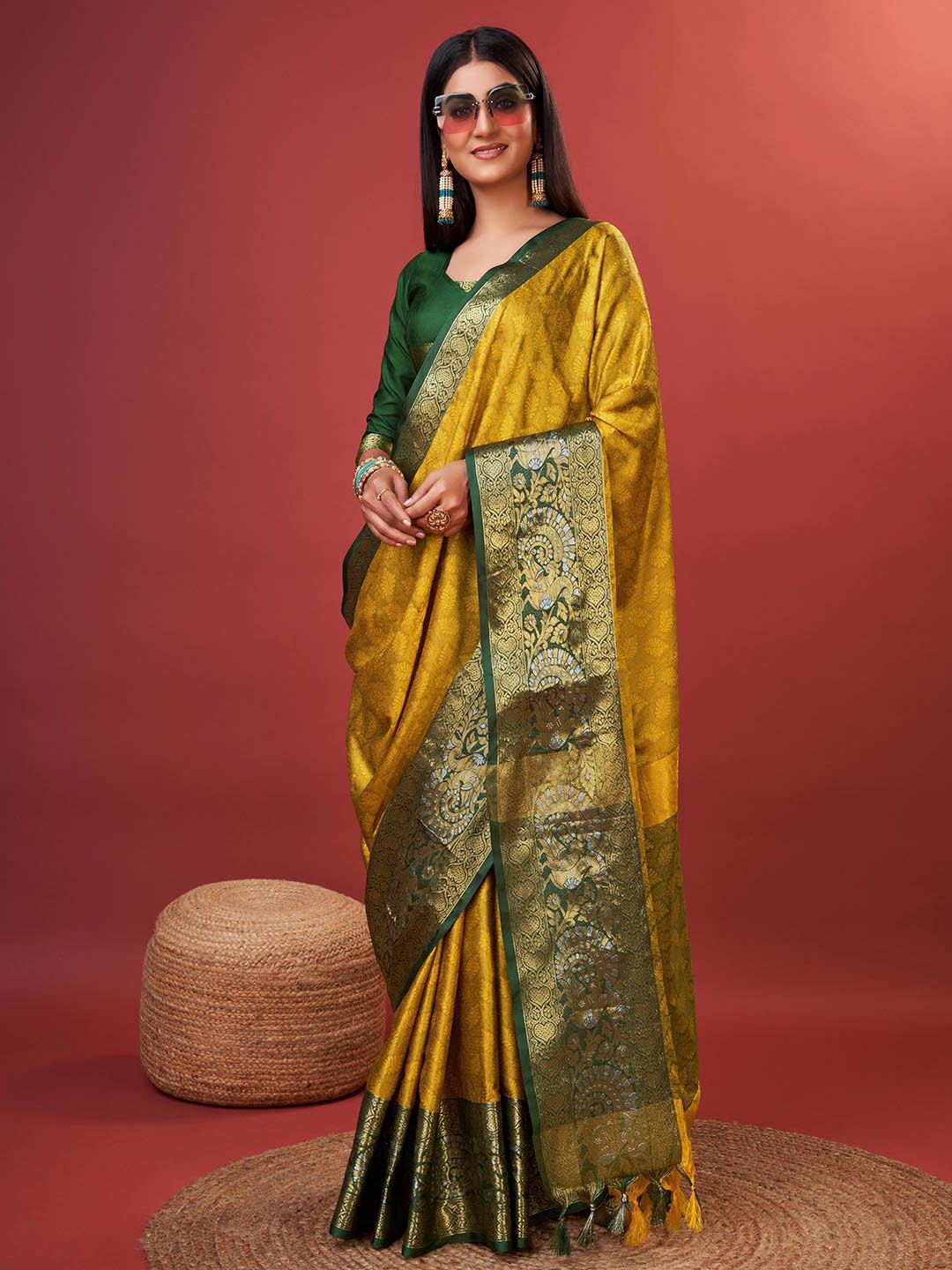 

MARGI DESIGNERS Woven Design Zari Maheshwari Saree, Mustard