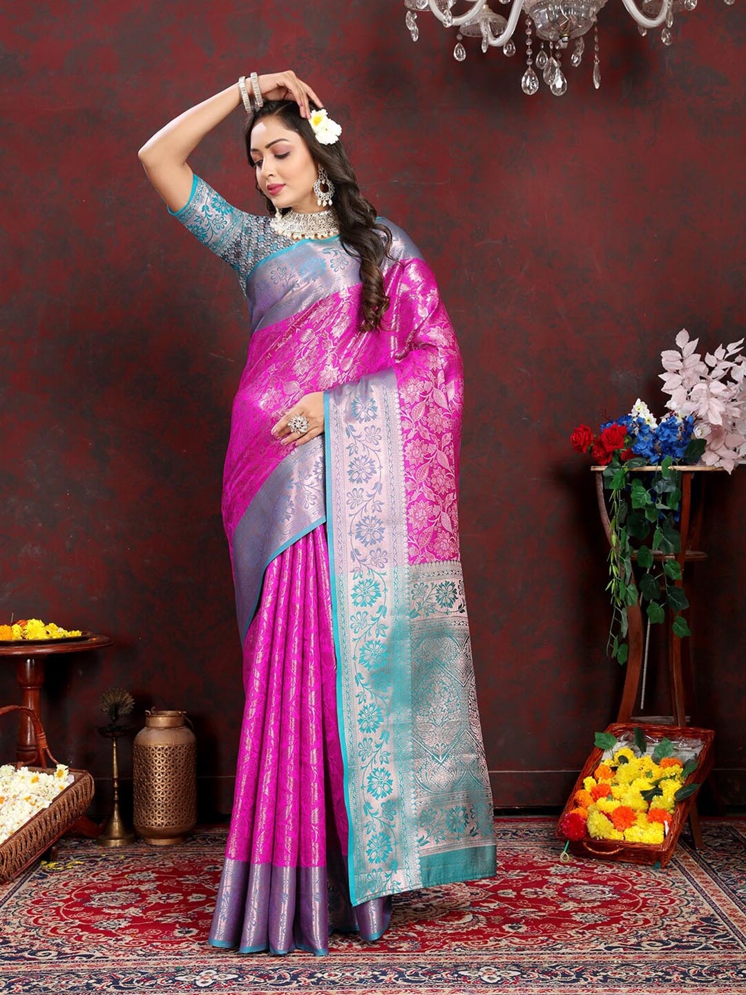

MARGI DESIGNERS Woven Design Zari Pure Silk Banarasi Saree, Pink