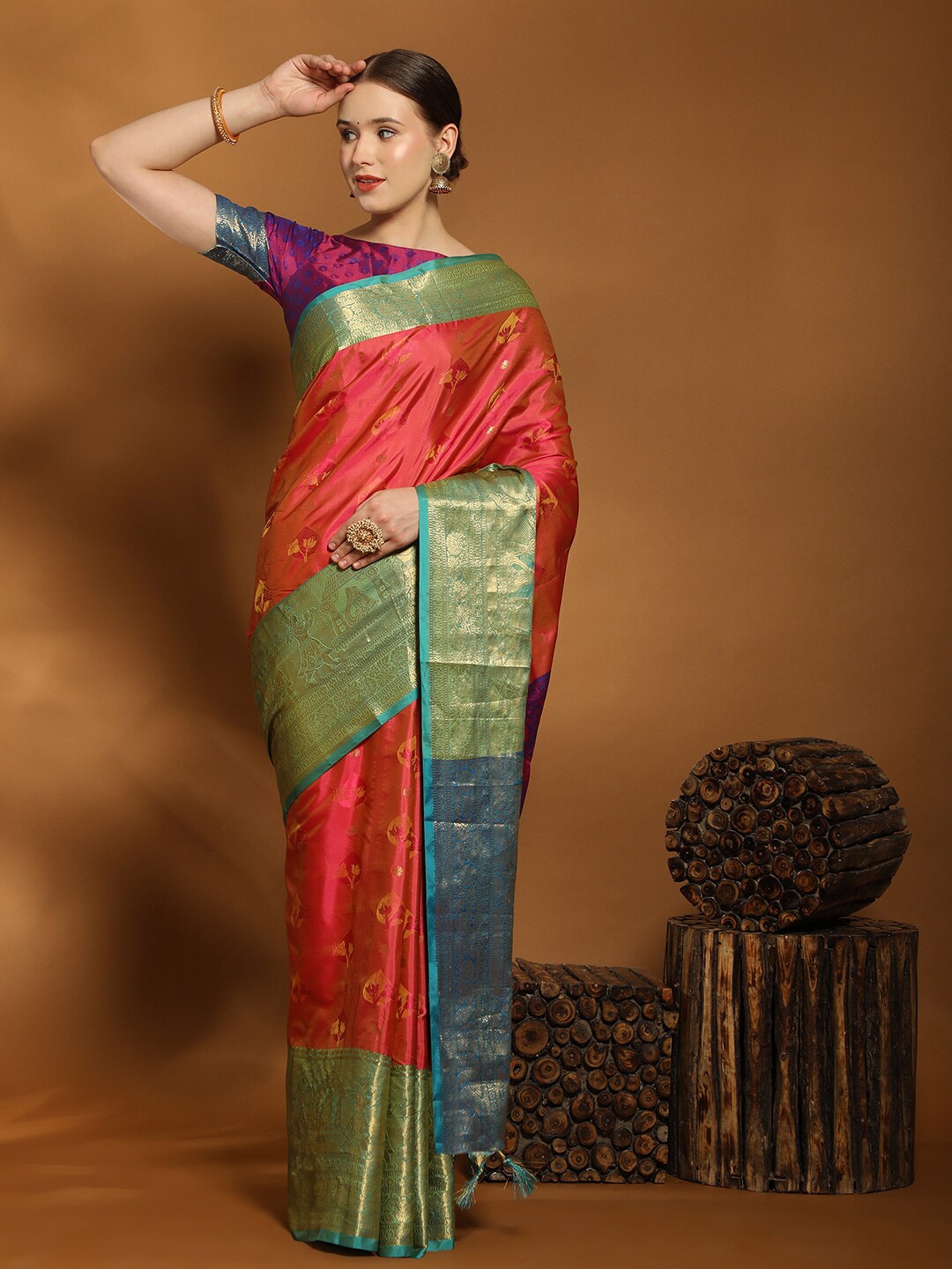 

MARGI DESIGNERS Woven Design Zari Silk Cotton Maheshwari Saree, Red