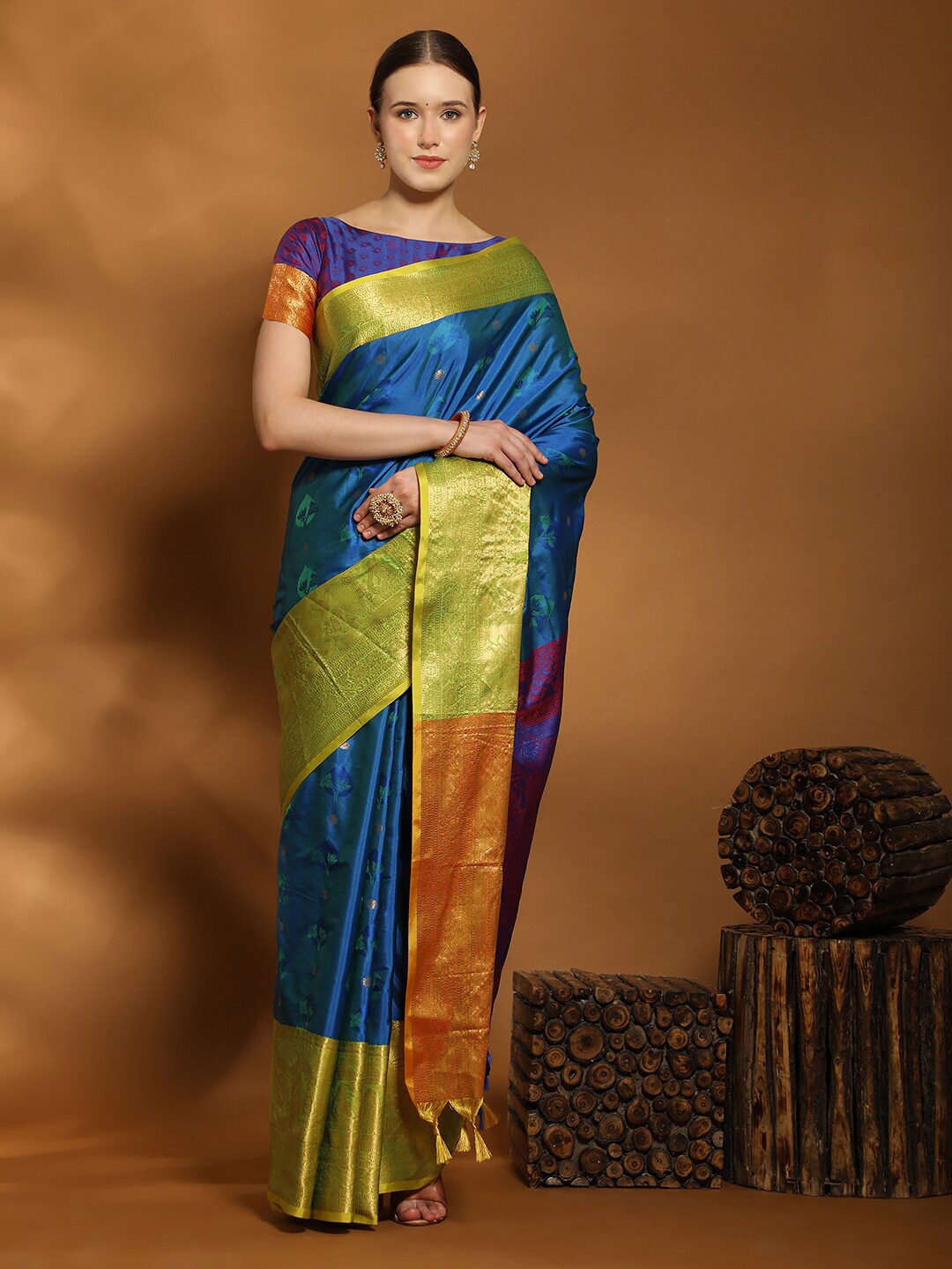 

MARGI DESIGNERS Woven Design Zari Silk Cotton Banarasi Saree, Blue