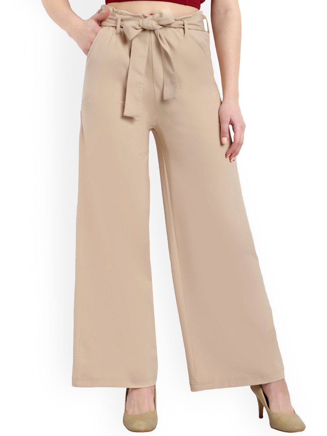 

ONE SKY Women Mid Rise Belted Parallel Trousers, Beige