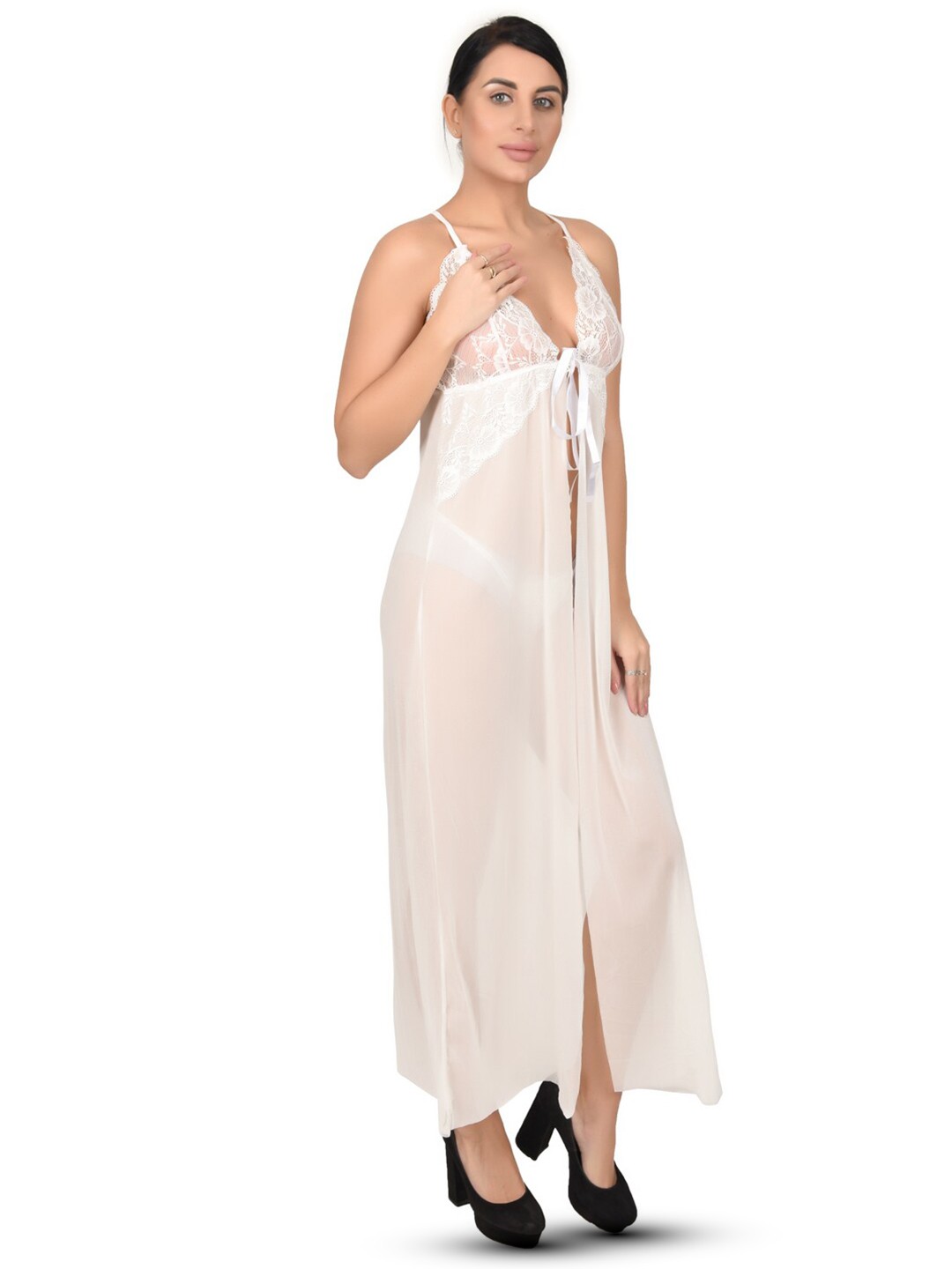 

Xivir Women Floral Lace Cup Flared Tie-Ups Baby Doll, White