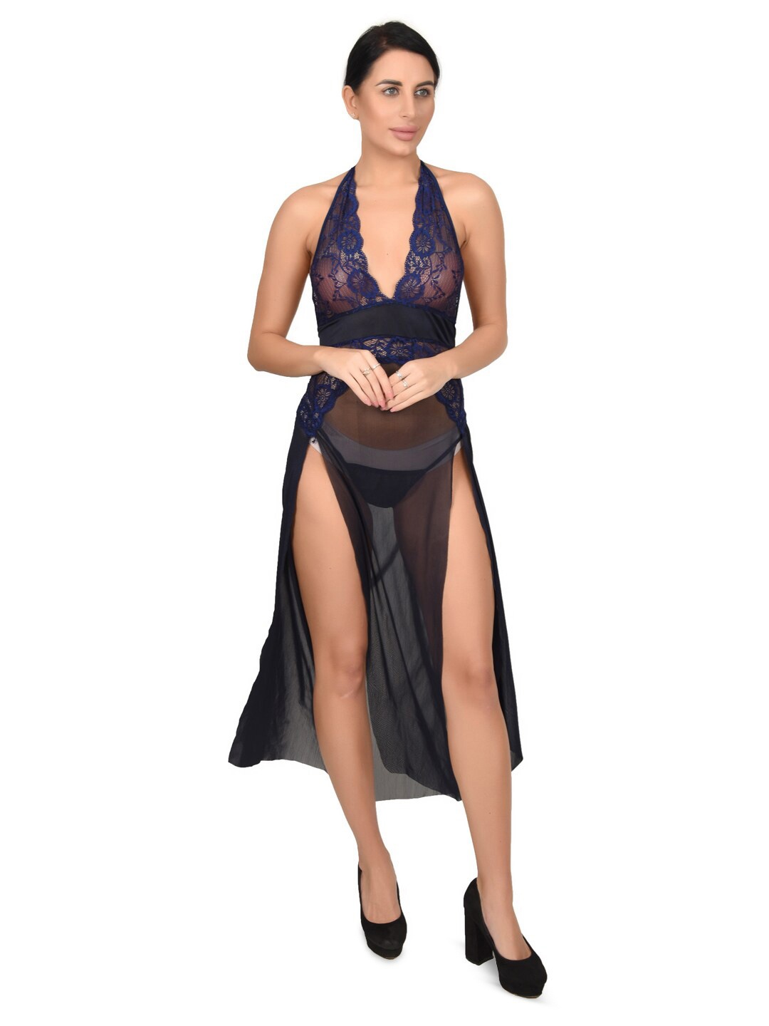 

Xivir Self Design Halter Neck Baby Doll, Navy blue