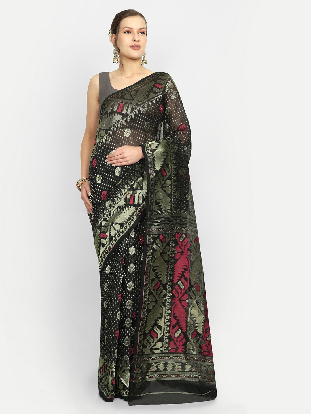 

SPRISH Woven Design Art Silk Jamdani Saree, Black