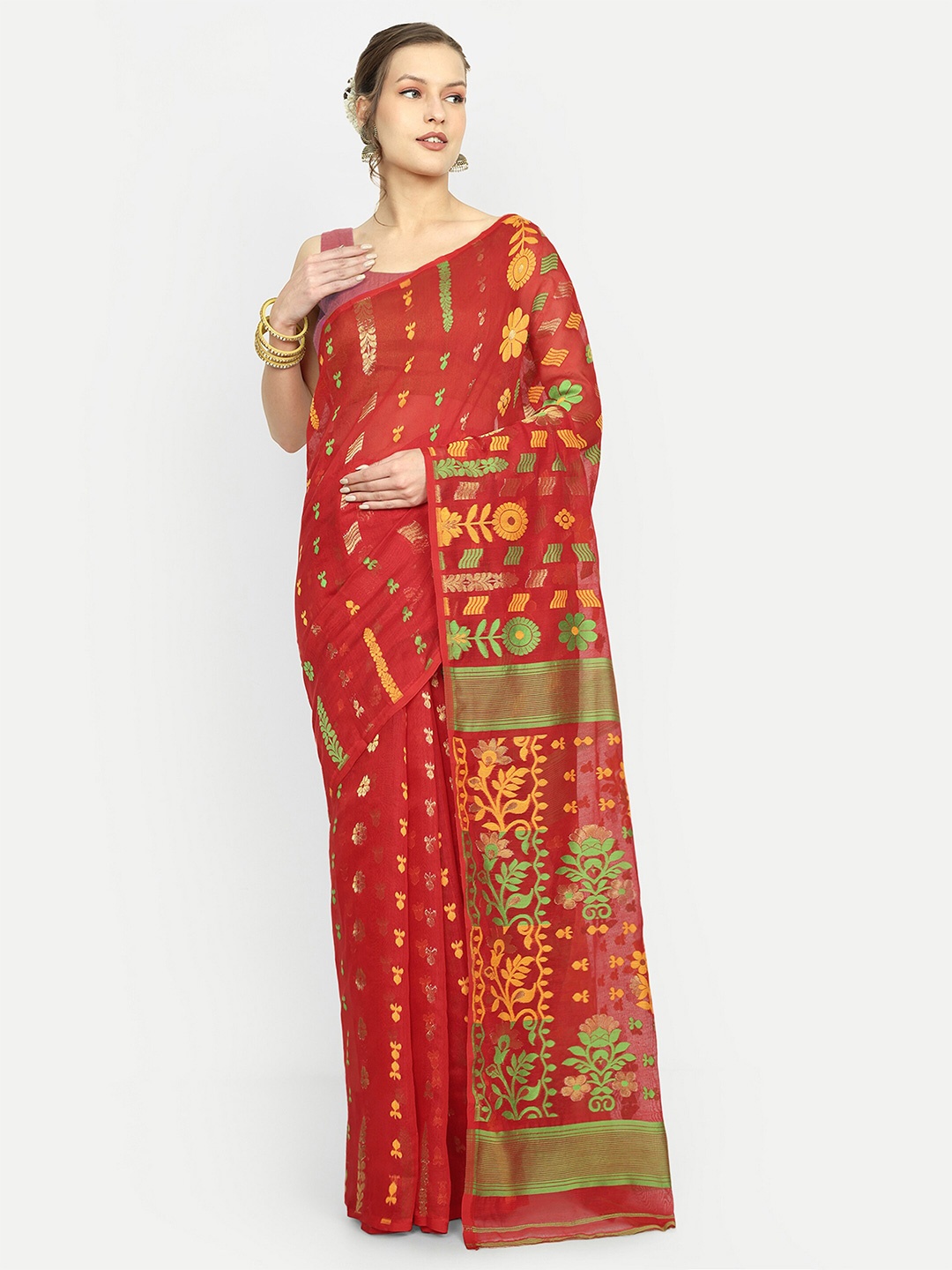 

SPRISH Woven Design Art Silk Jamdani Saree, Red