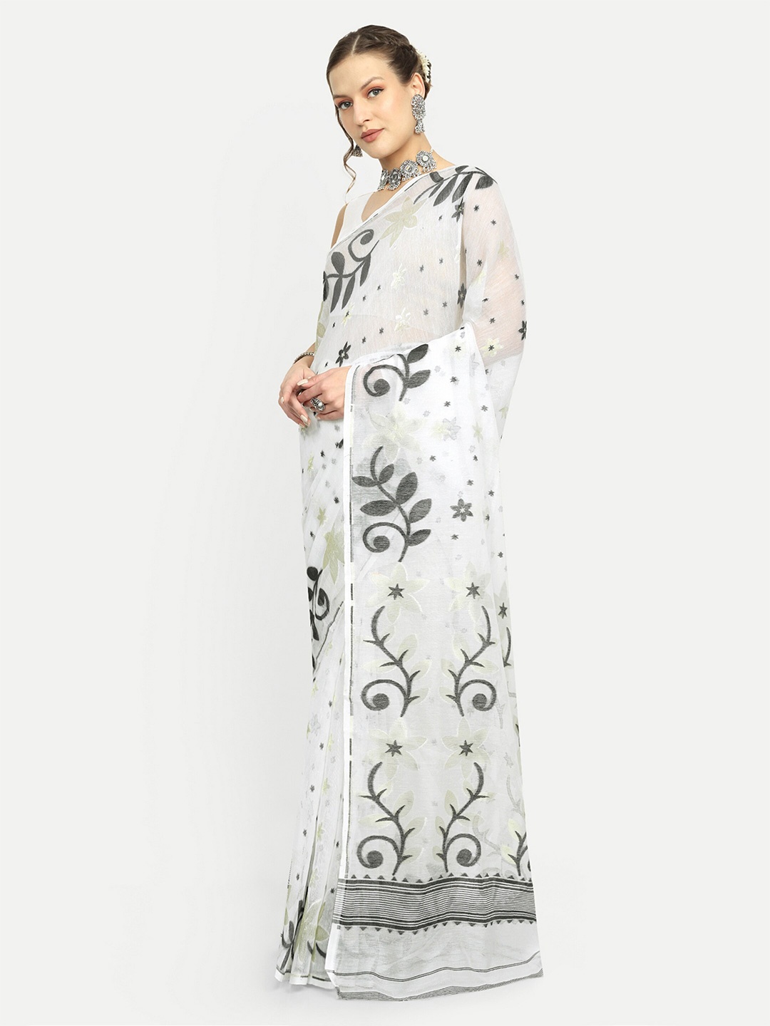 

SPRISH Woven Design Art Silk Jamdani Saree, White