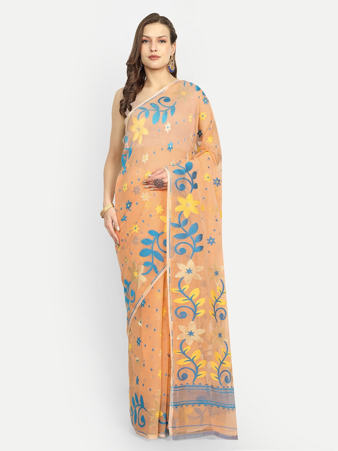 

SPRISH Woven Design Art Silk Jamdani Saree, Peach