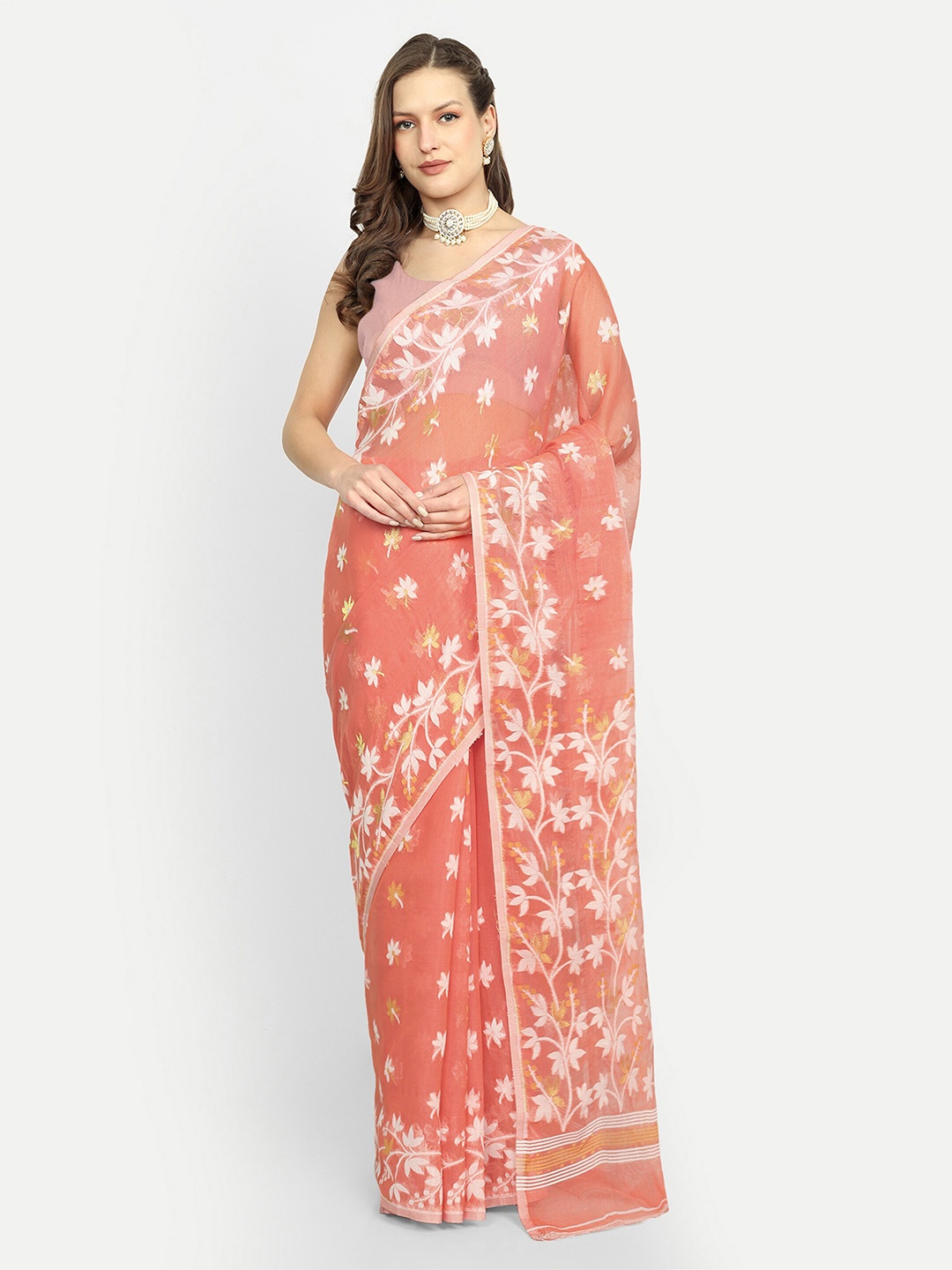 

SPRISH Woven Design Art Silk Jamdani Saree, Peach