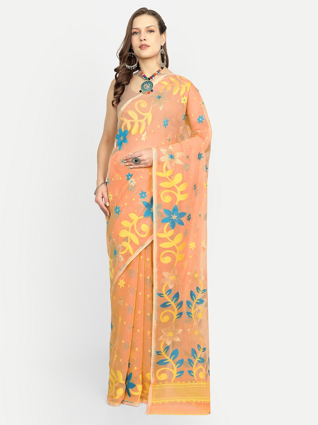 

SPRISH Woven Design Art Silk Jamdani Saree, Peach