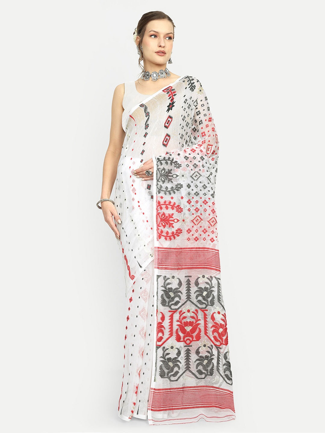 

SPRISH Woven Design Jamdani Saree, White