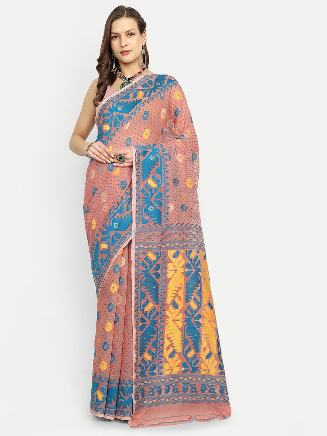 

SPRISH Woven Design Jamdani Saree, Peach