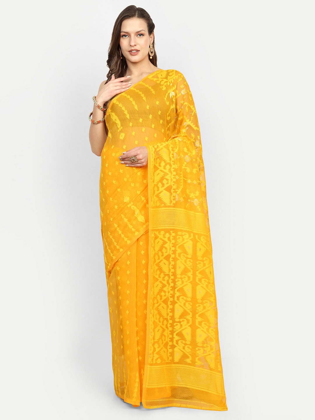 

SPRISH Woven Design Jamdani Saree, Yellow