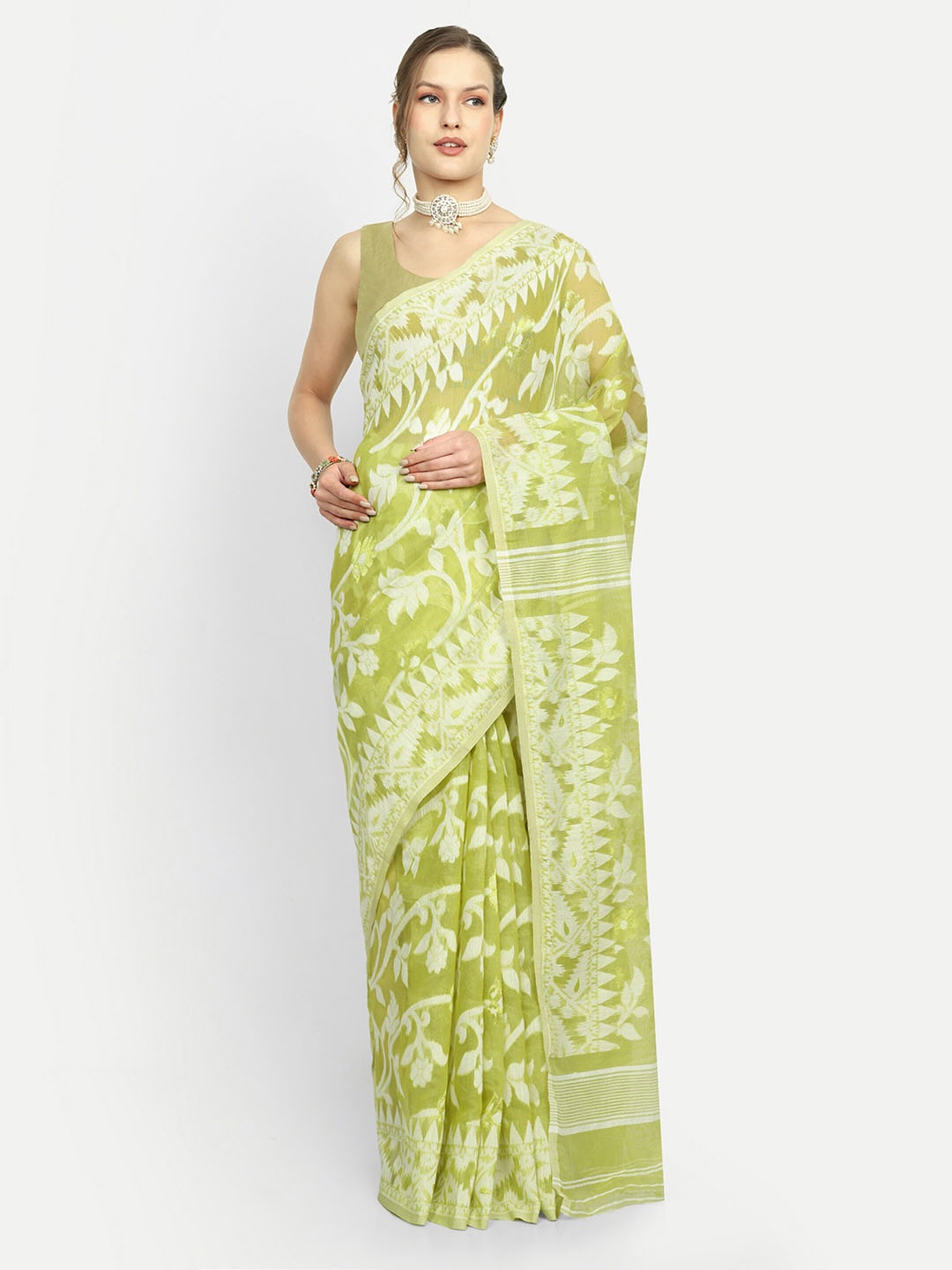 

SPRISH Woven Design Jamdani Saree, Green