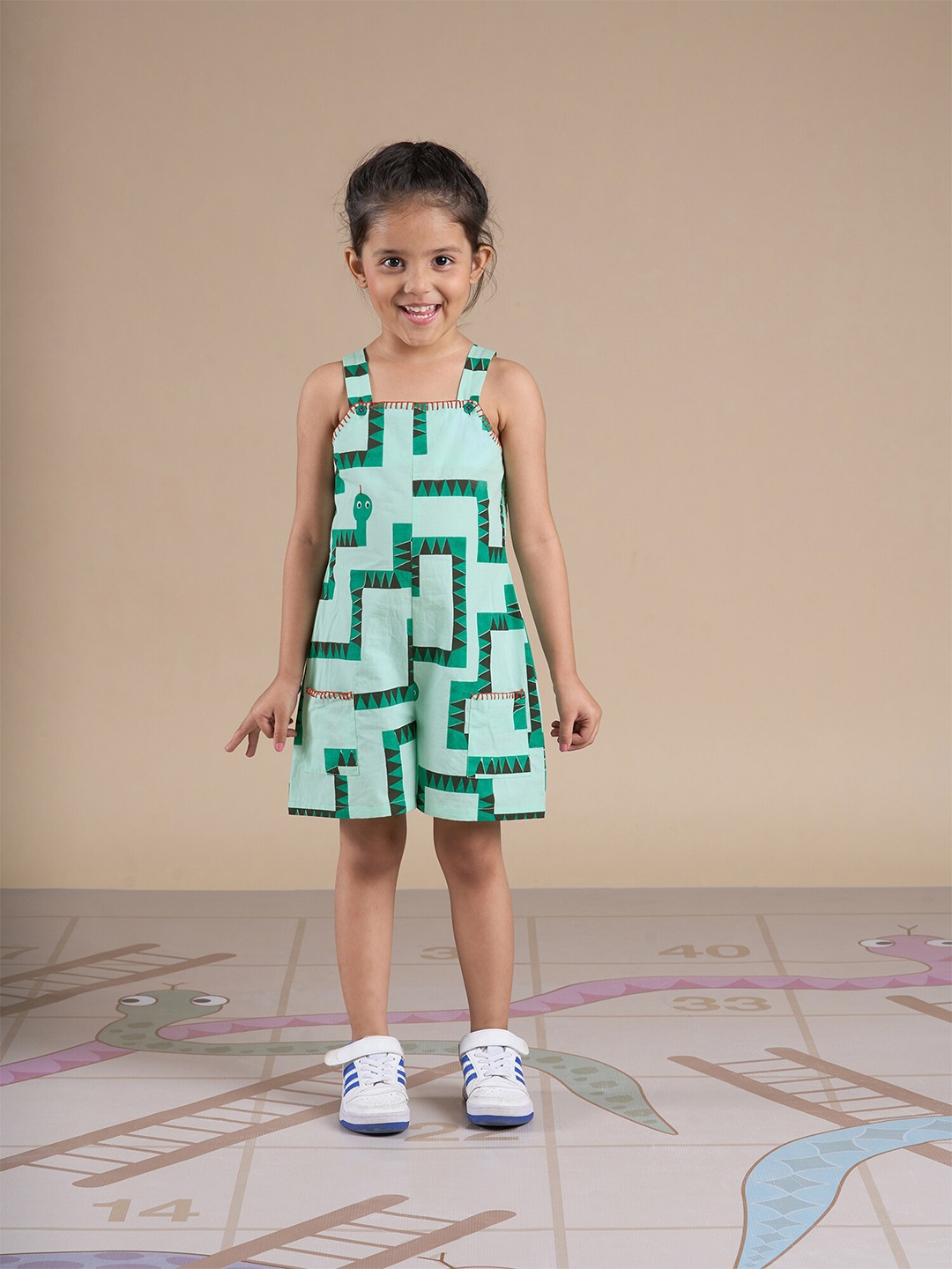 

LIL DRAMA Snakes and Ladders Girls Green Table Printed Jumpsuit