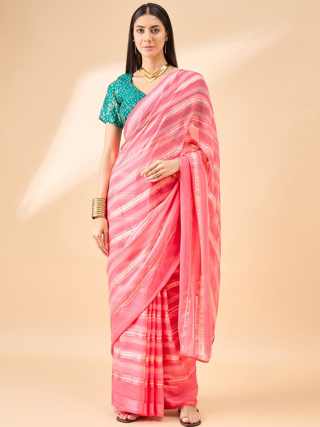 

Anouk Striped Pure Chiffon Saree, Pink