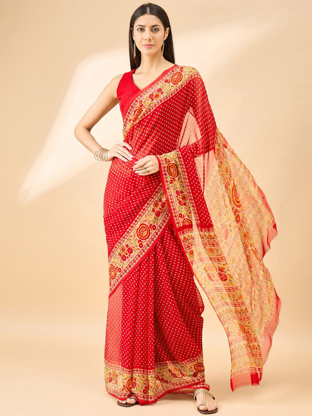 

Anouk Bandhani Pure Georgette Designer Bandhani Saree, Red