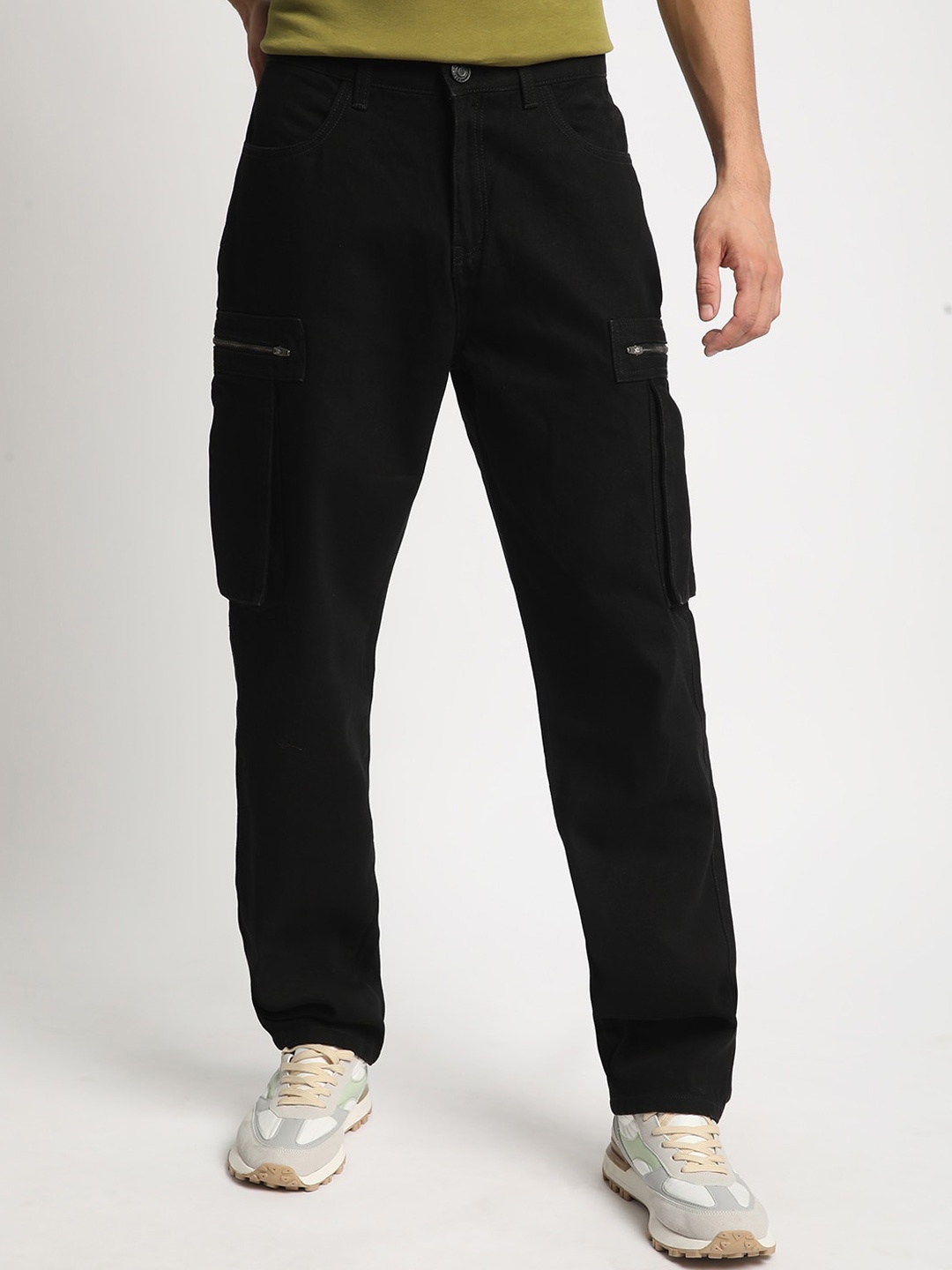 

Bene Kleed Men Straight Fit Clean Look Pure Cotton Cargo Jeans, Black