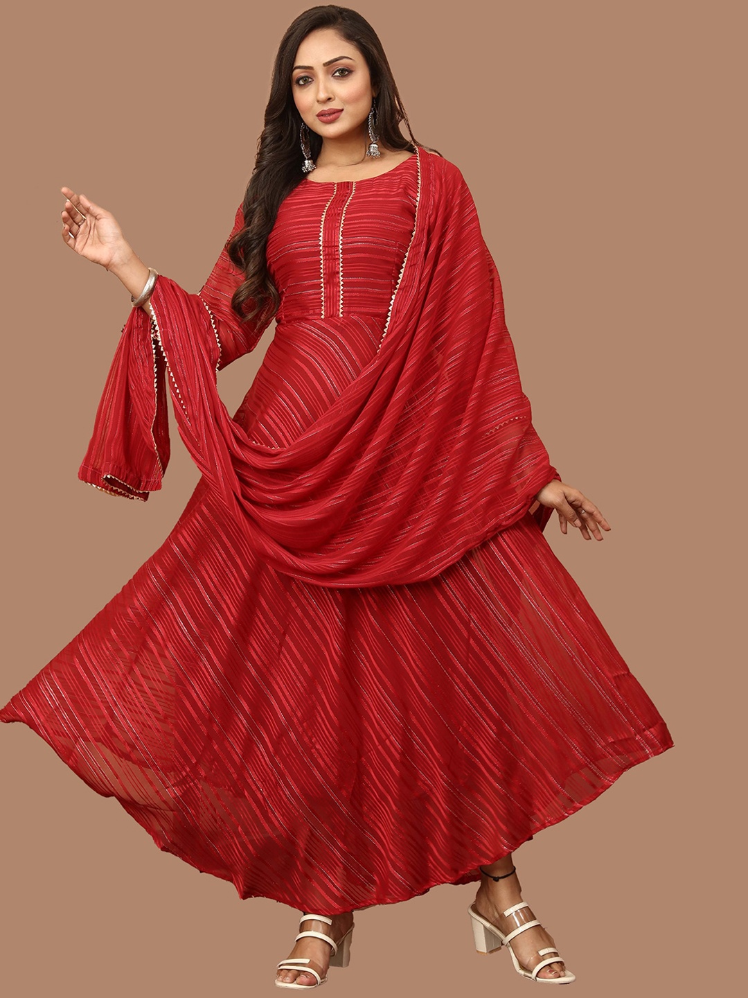 

N N ENTERPRISE Striped Gown Georgette Ethnic Dresses With Dupatta, Red