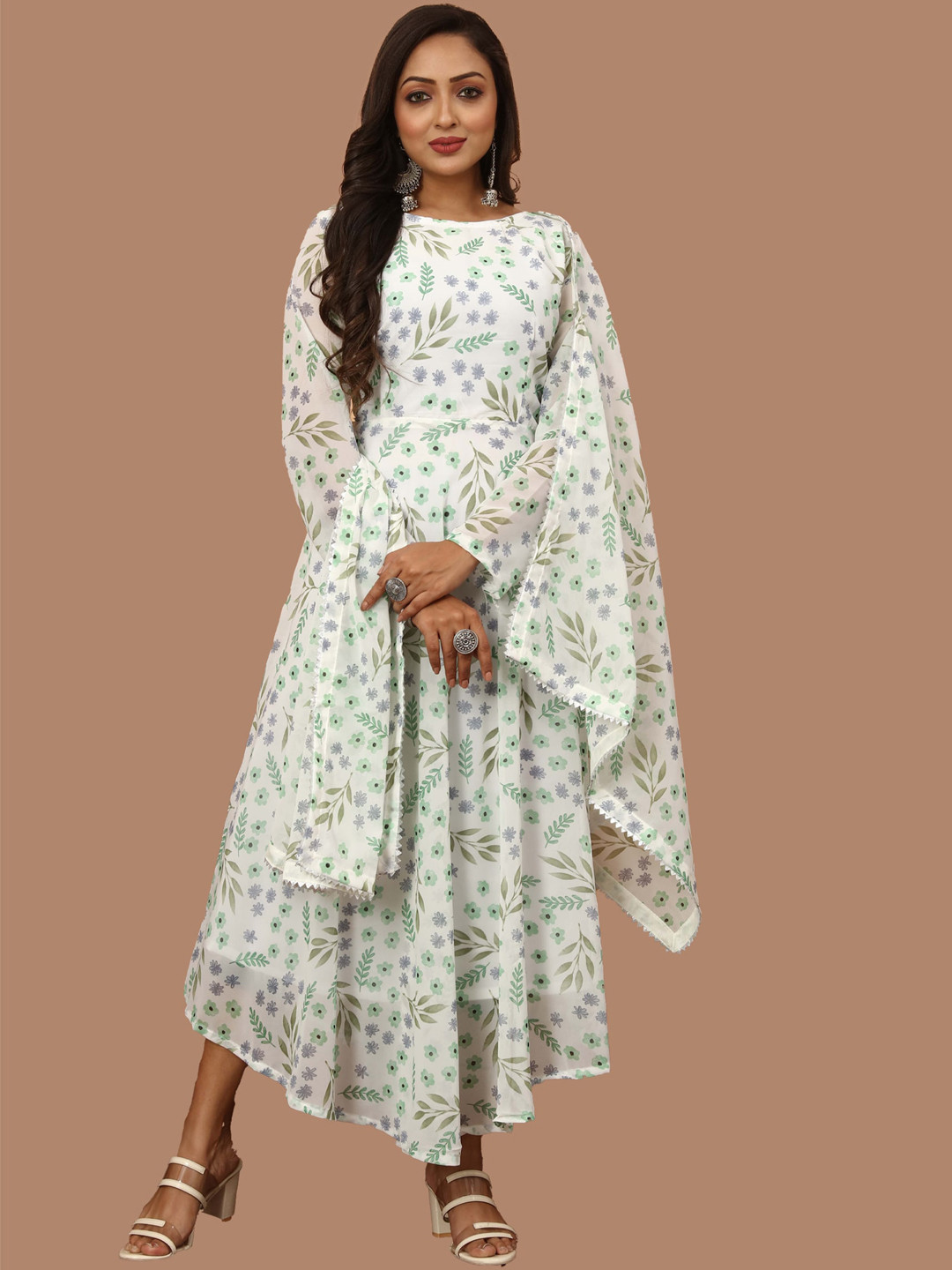 

N N ENTERPRISE Printed Georgette Fit & Flare Ethnic Dress With Dupatta, White