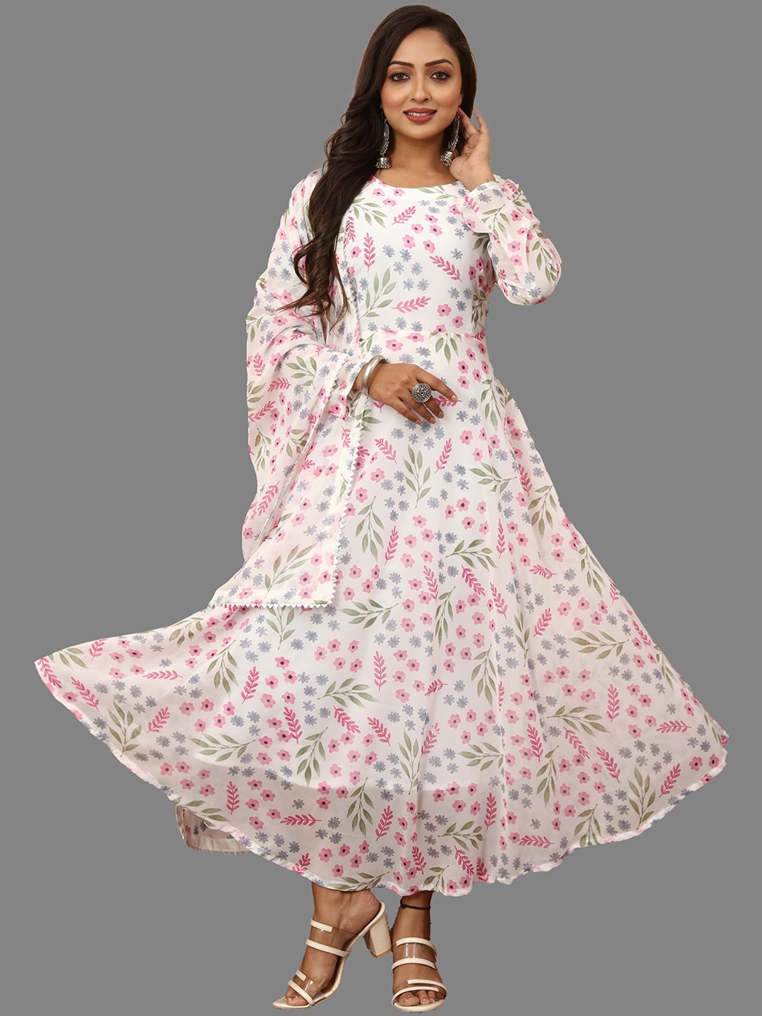 

N N ENTERPRISE Printed Georgette Fit & Flare Maxi Ethnic Dress With Dupatta, White