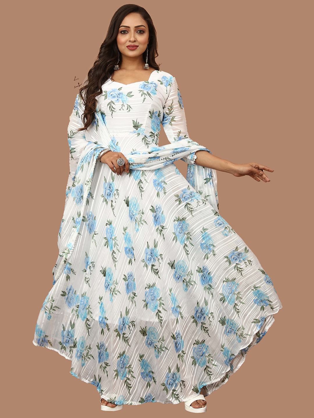 

N N ENTERPRISE Printed Georgette Fit & Flare Ethnic Dress With Dupatta, White