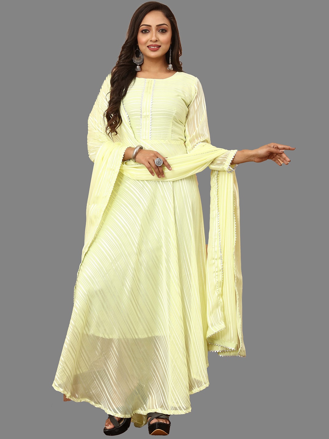 

N N ENTERPRISE Striped Georgette Anarkali Maxi Ethnic Dress With Dupatta, Yellow