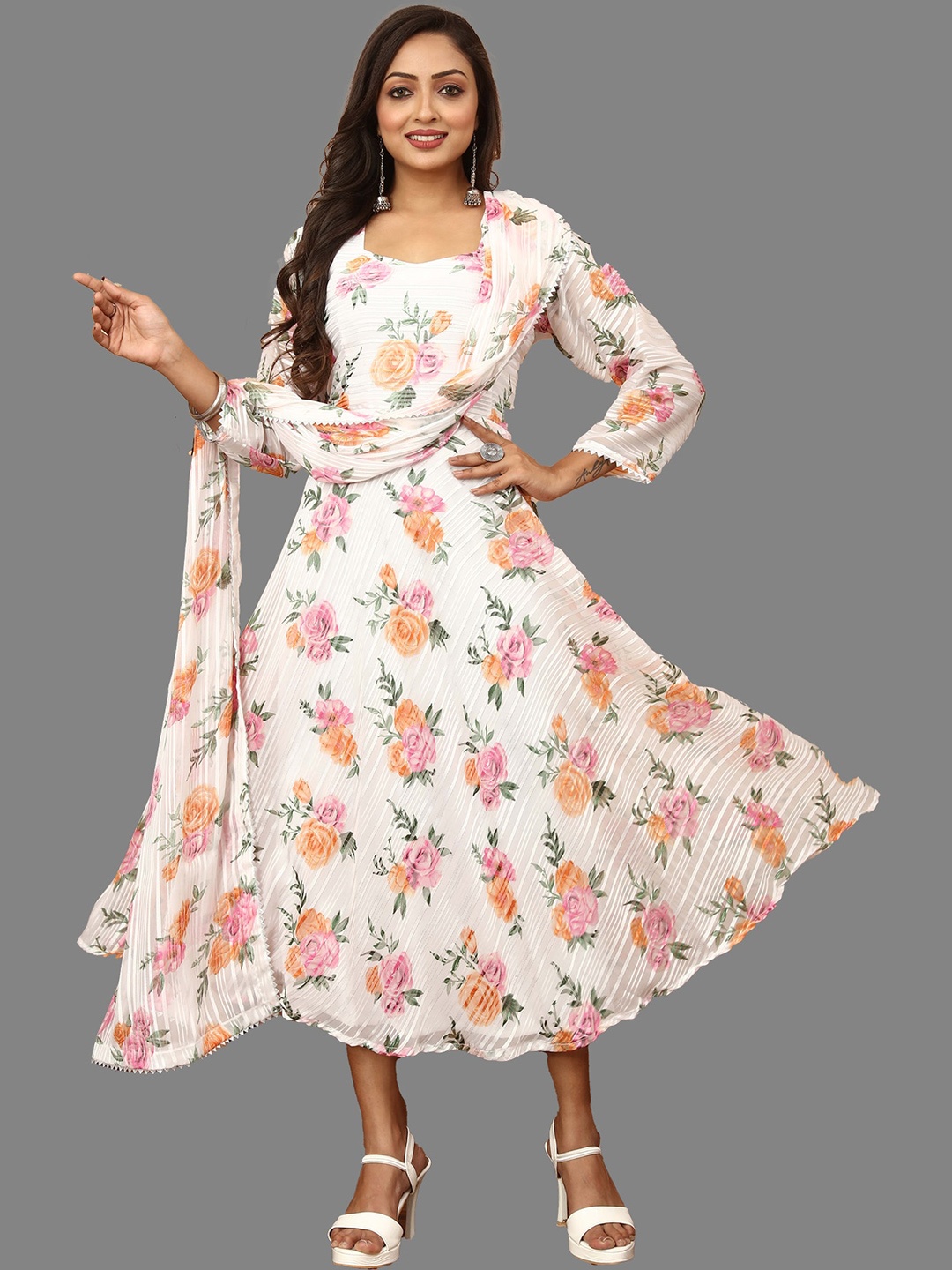 

N N ENTERPRISE Floral Printed Fit & Flare Maxi Ethnic Dress With Dupatta, White