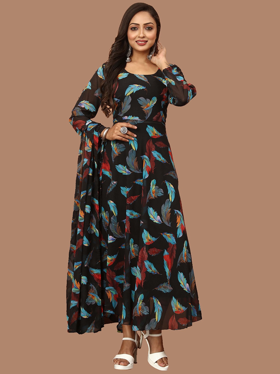 

N N ENTERPRISE Printed Georgette Fit & Flare Ethnic Dress With Dupatta, Black