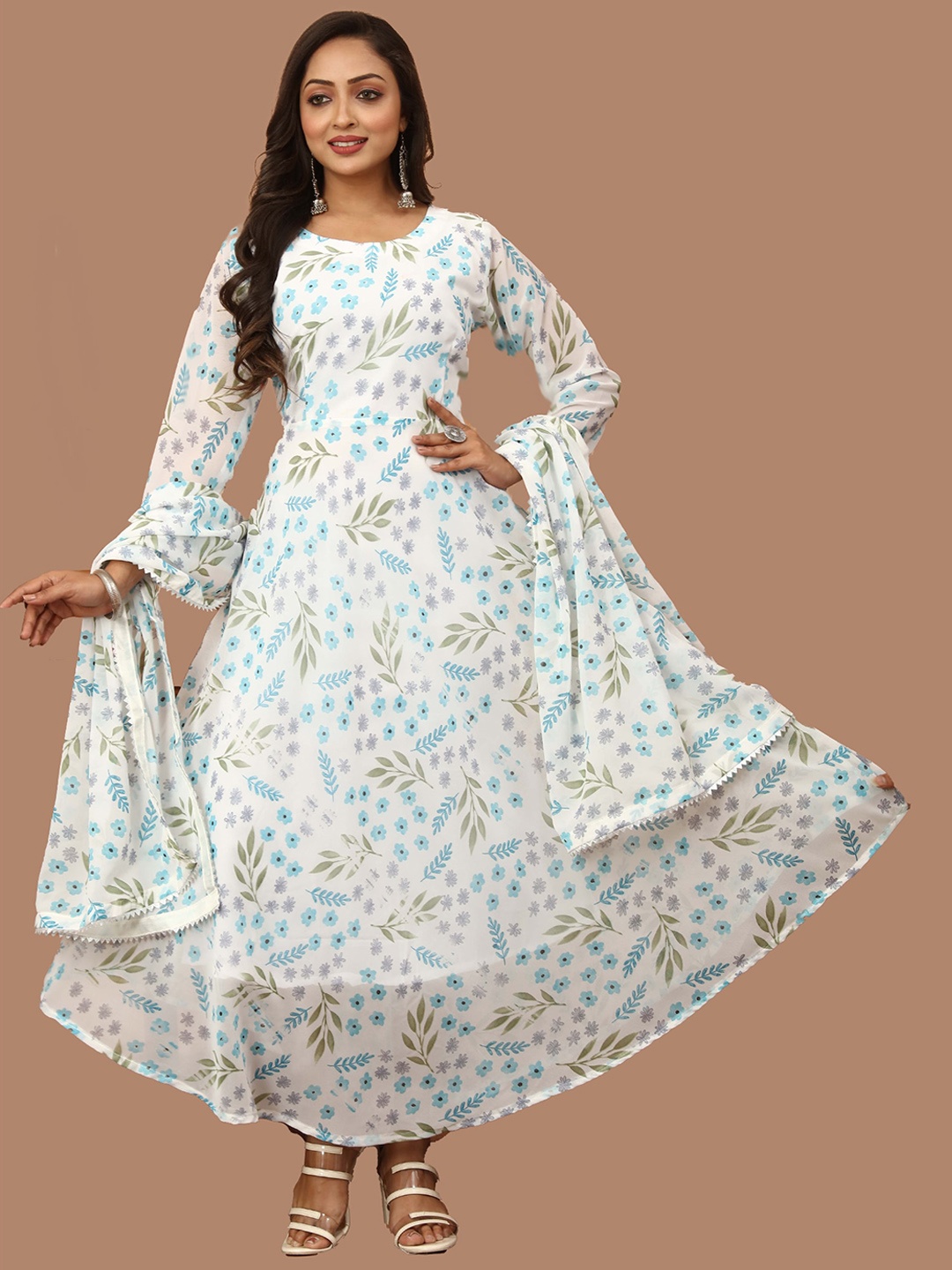 

N N ENTERPRISE Printed Fit & Flared Maxi Ethnic Dresses With Dupatta, White