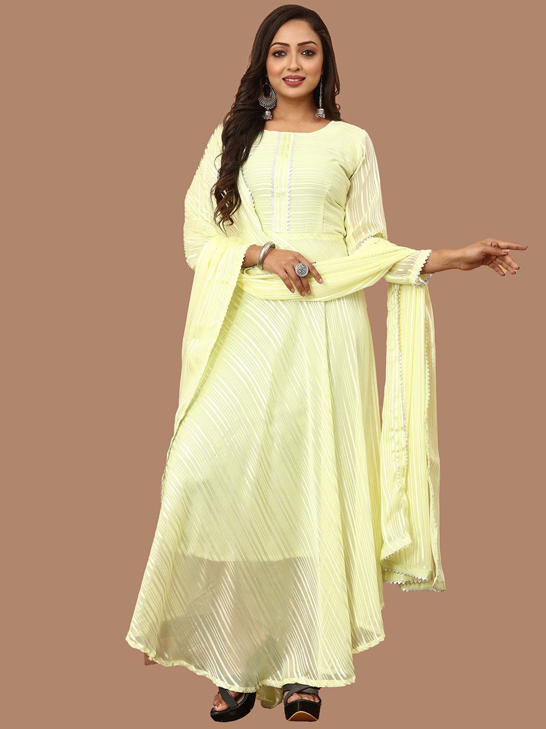 

N N ENTERPRISE Striped Fit & Flared Maxi Ethnic Dress With Dupatta, Yellow