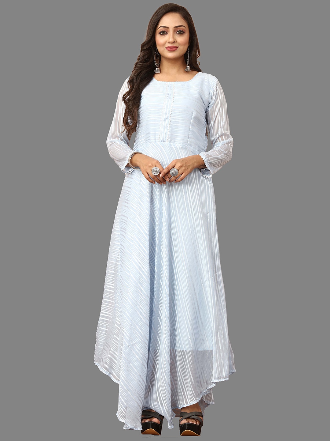

N N ENTERPRISE Striped Fit & Flared Maxi Ethnic Dress With Dupatta, Blue