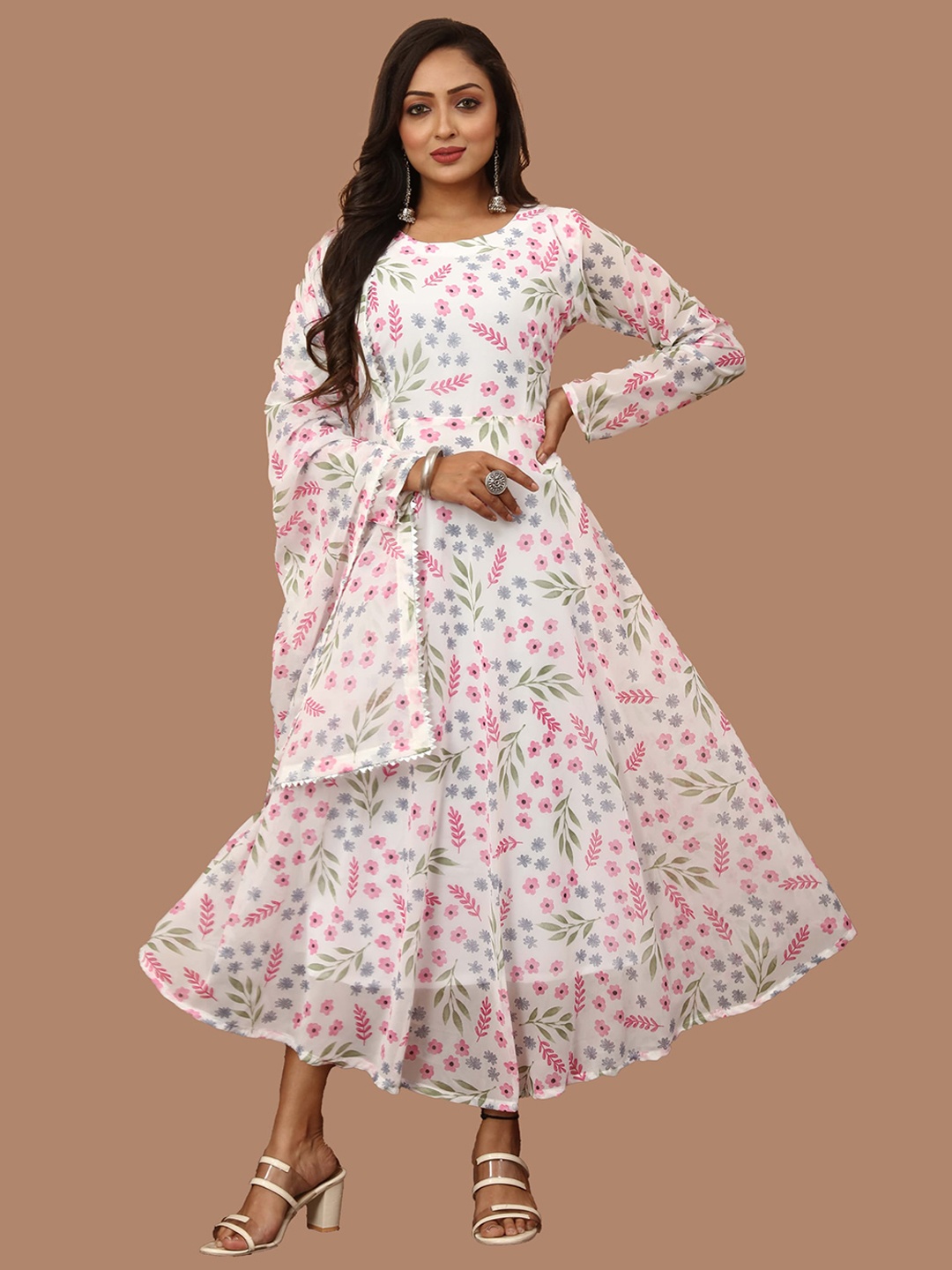 

N N ENTERPRISE Printed Georgette Fit & Flare Ethnic Dress With Dupatta, White