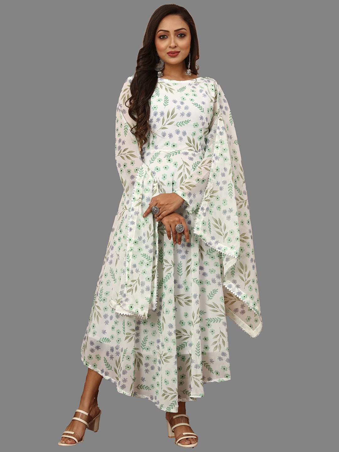 

N N ENTERPRISE Printed Georgette Fit & Flare Ethnic Dress With Dupatta, White