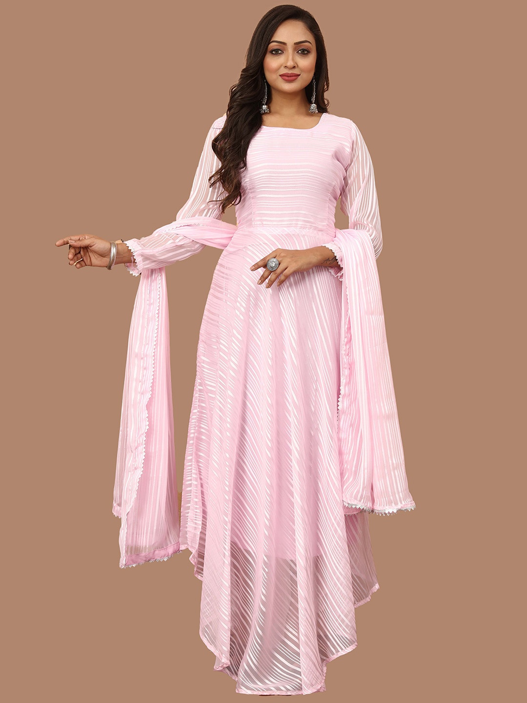 

N N ENTERPRISE Striped Fit & Flared Maxi Ethnic Dress With Dupatta, Pink