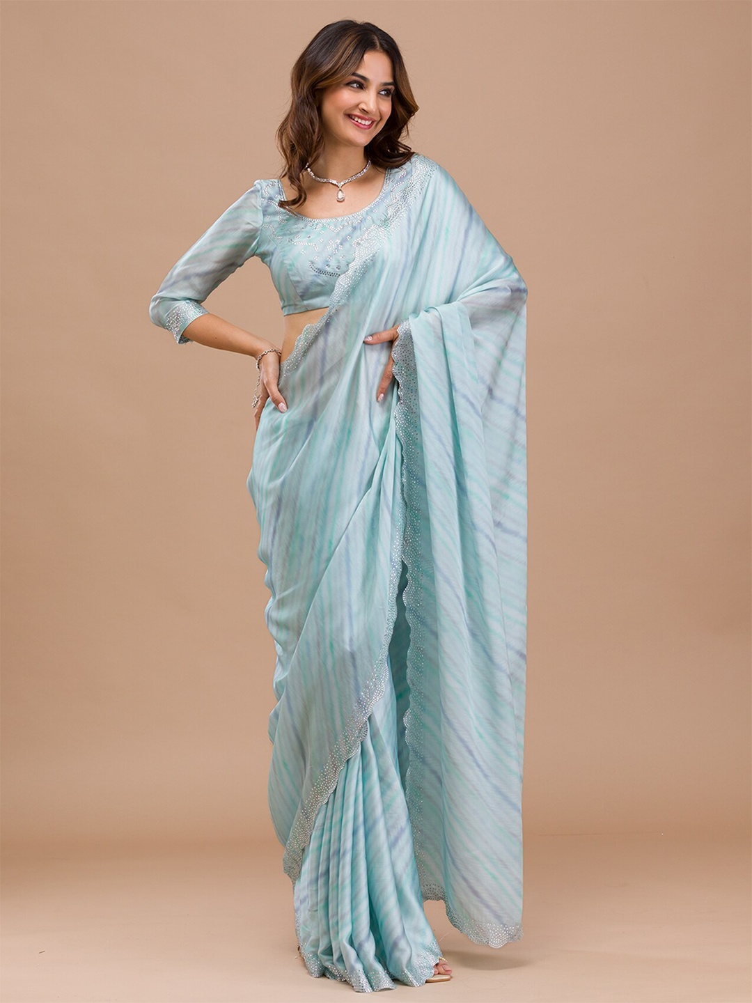 

Koskii Striped Beads & Stones Detailed Satin Saree, Blue