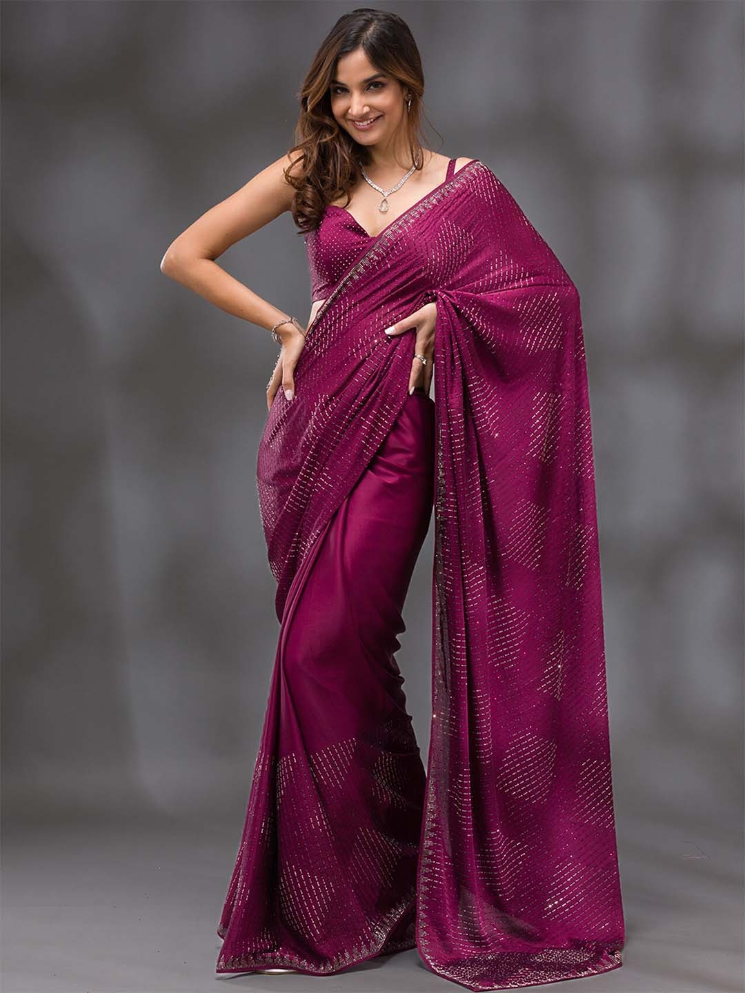 

Koskii Embellished Beads and Stones Saree, Purple
