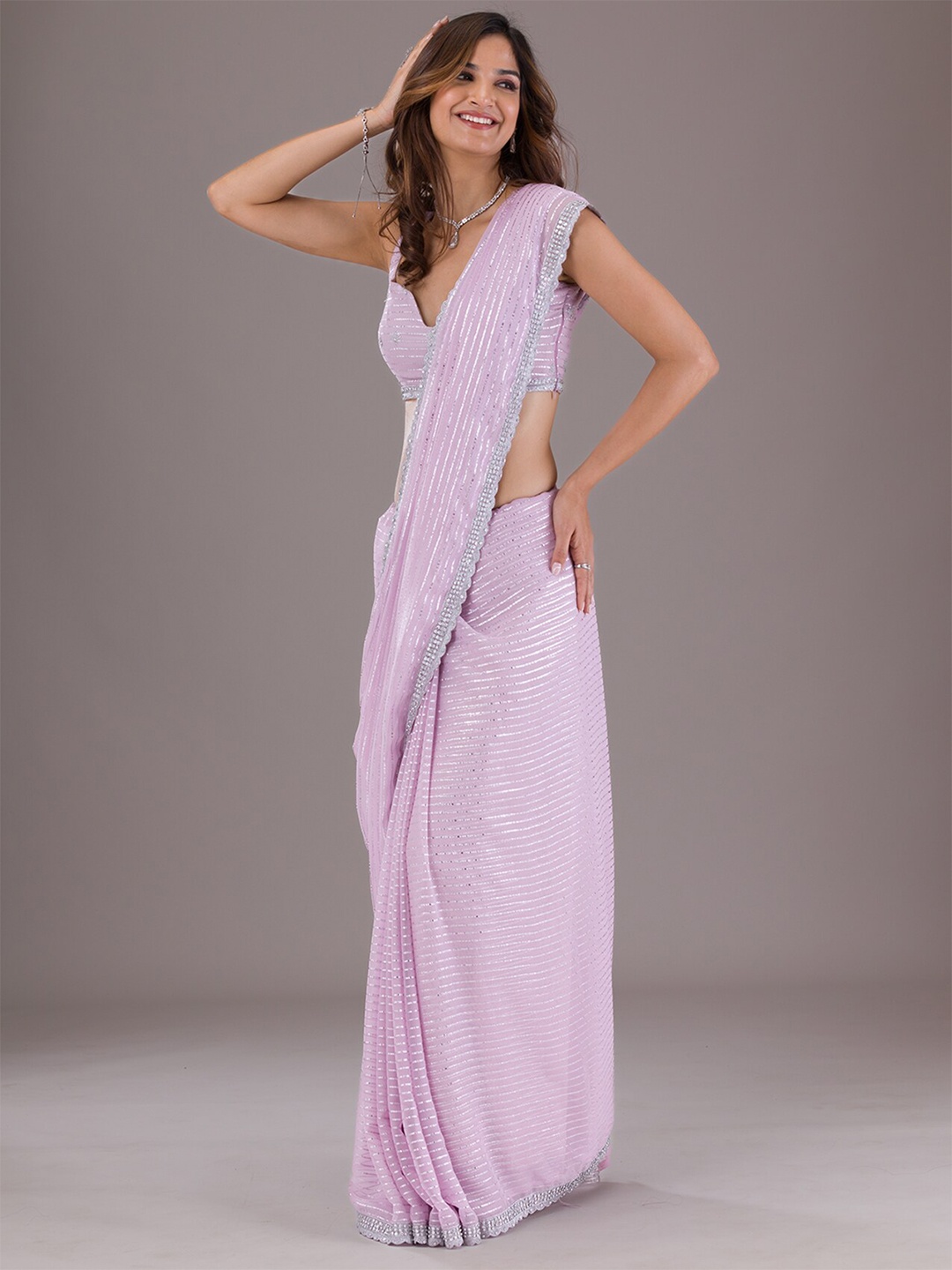 

Koskii Embellished Beads and Stones Pure Georgette Saree, Purple