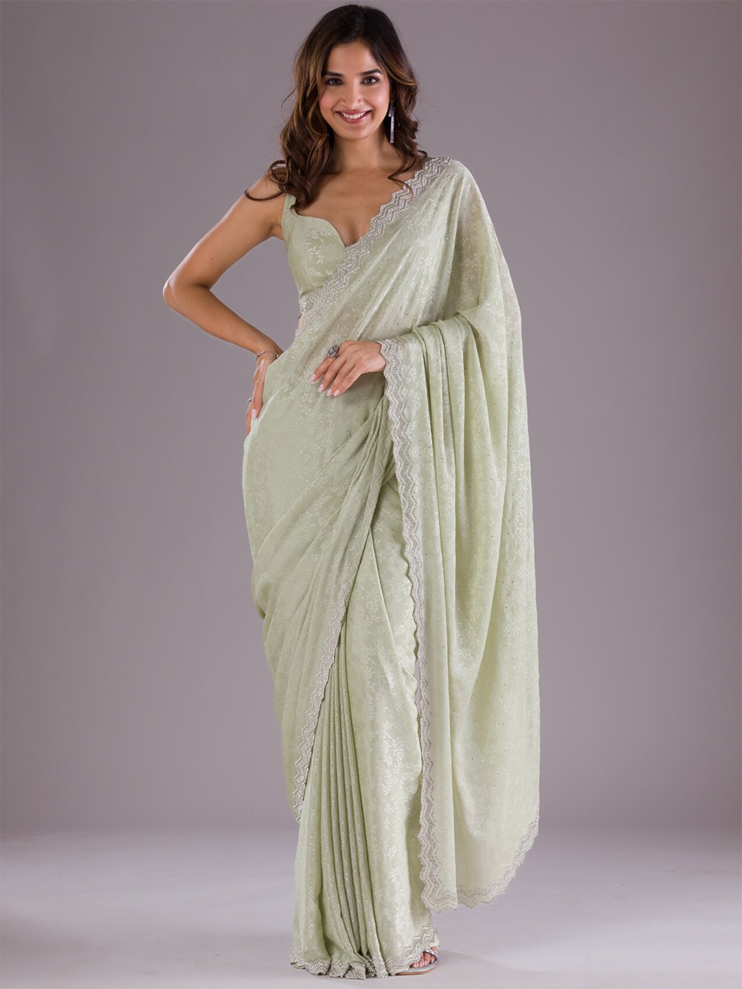 

Koskii Floral Embellished Beads & Stones Detailed Saree, Green