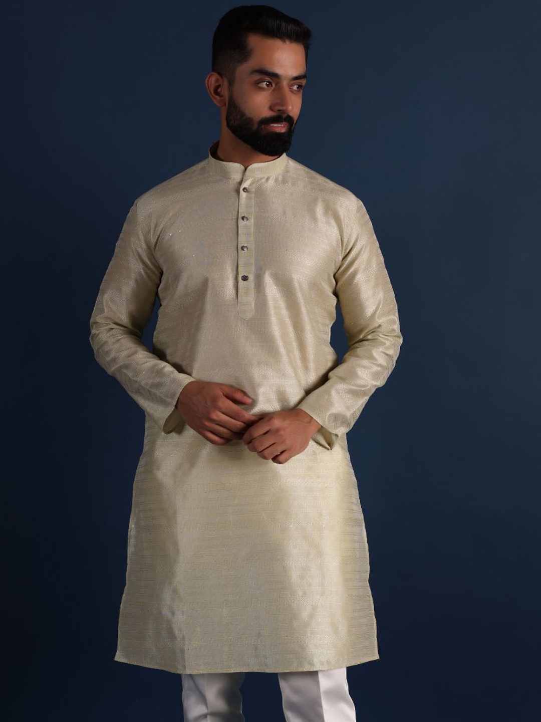 

Lightpole Striped Woven Design Mandarin Collar Thread Work Straight Kurta, Beige